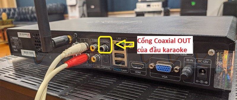 Cổng Coaxial trên đầu karaoke sẽ được kí hiệu rõ nhưng thường nằm gần cổng RCA nên chúng ta cần chú ý