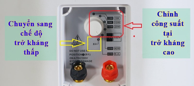Nút chiết áp điều chỉnh hai chế độ trở kháng nằm ở phía sau của loa 