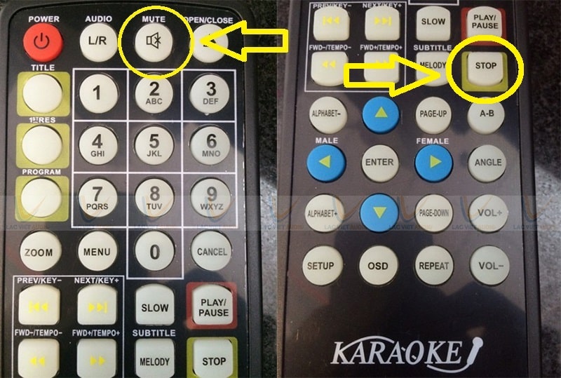Nút tắt tiếng karaoke Arirang là nút MUTE hoặc STOP đều được