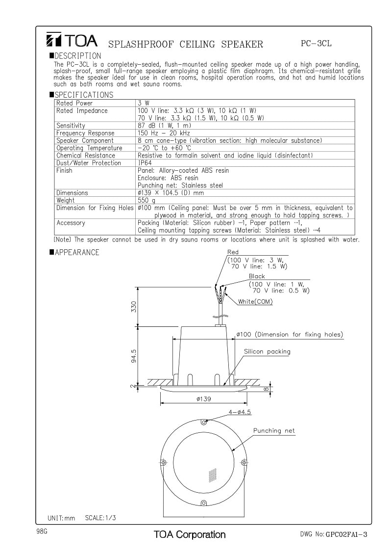 Thông số kỹ thuật và bản vẽ loa âm trần TOA PC 3CL