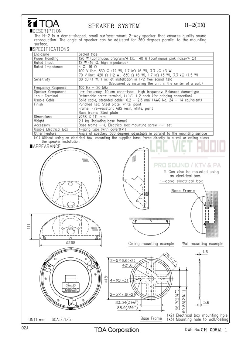 Thông số kỹ thuật và bản vẽ của loa âm trần TOA H- 2EX