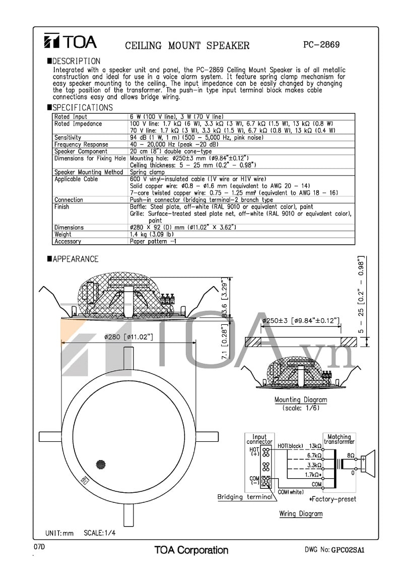 Thông số kỹ thuật và bản vẽ của loa âm trần TOA PC-2869