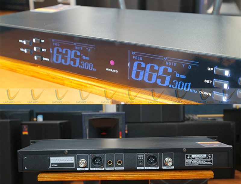 Mặt trước và mặt sau của đầu thu và xử lý tín hiệu âm thanh không dây cho micro EUDAC SKM-200