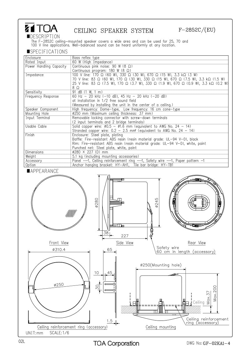 Thông số kỹ thuật và bản vẽ của loa âm trần TOA F-2852C